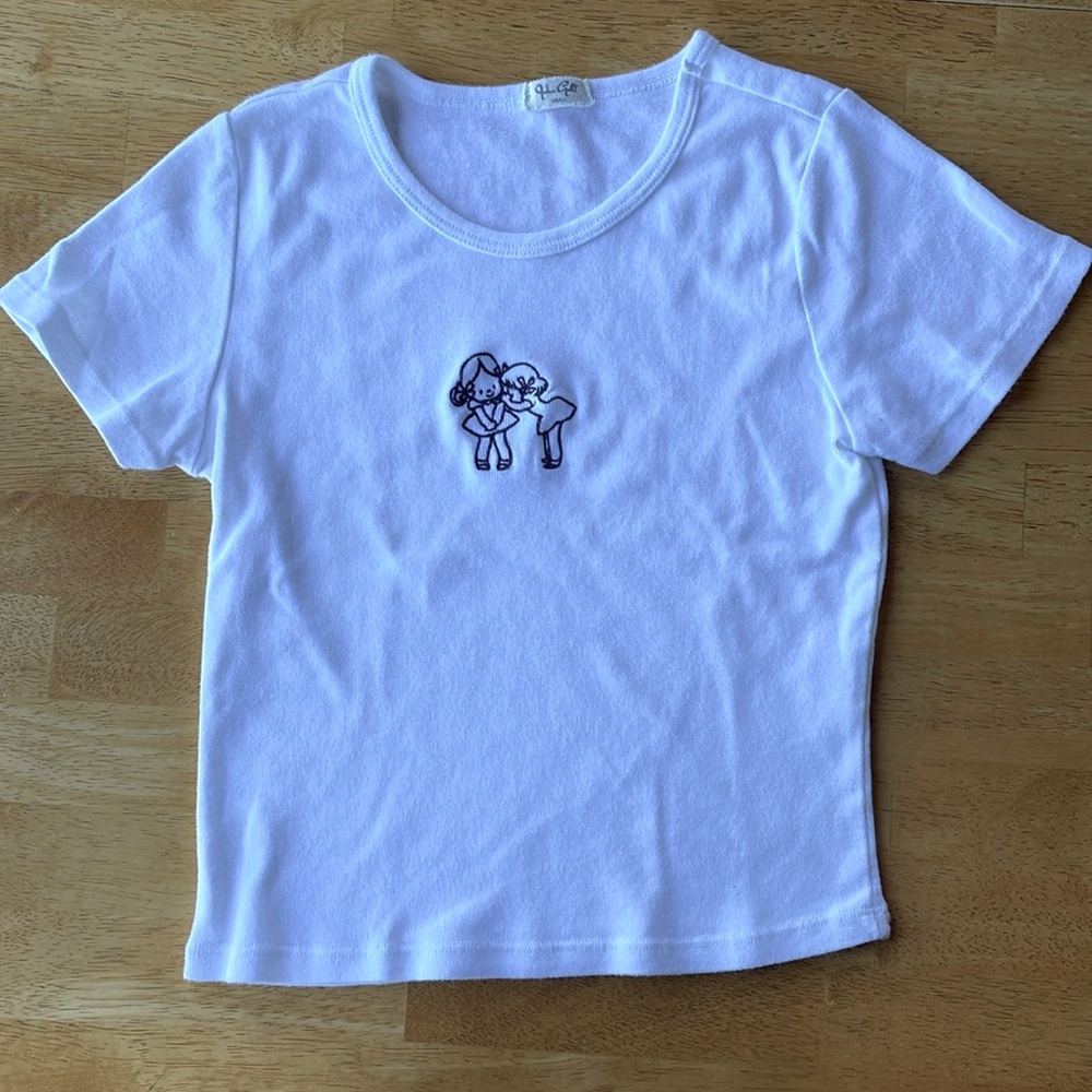 J. Galt Shanghai white shirt with navy embroidery crop top